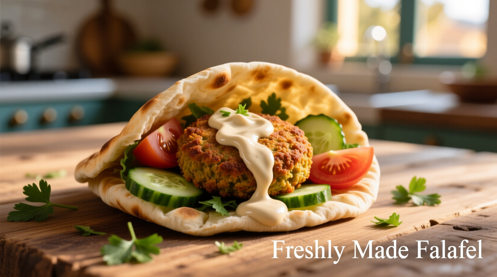 Freshly made falafel with tahini sauce and vegetables
