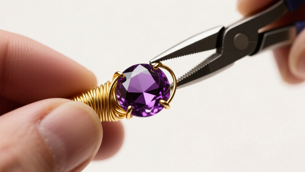 Close-up of hands using pliers to wrap 24-gauge gold wire around a faceted amethyst briolette bead under soft studio lighting