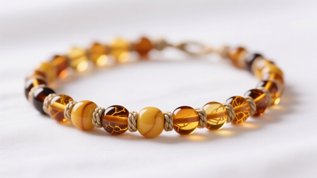 Macro shot of cognac Baltic amber teething necklace on white linen, showing individual safety knots between each 5mm bead.
