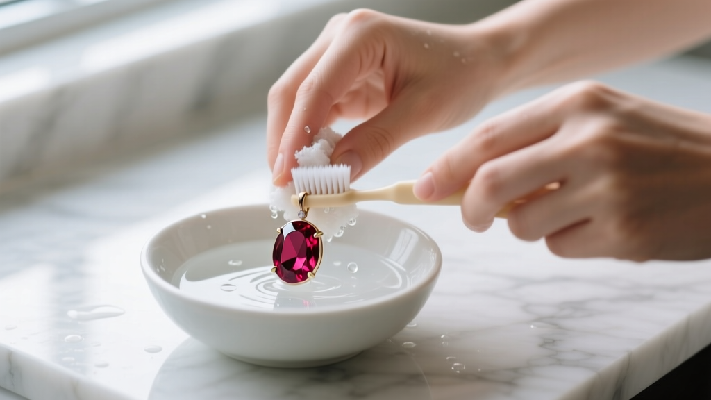 Hands scrubbing a ruby pendant with a soft baby toothbrush in a bowl of mild soapy water on a bright marble counter