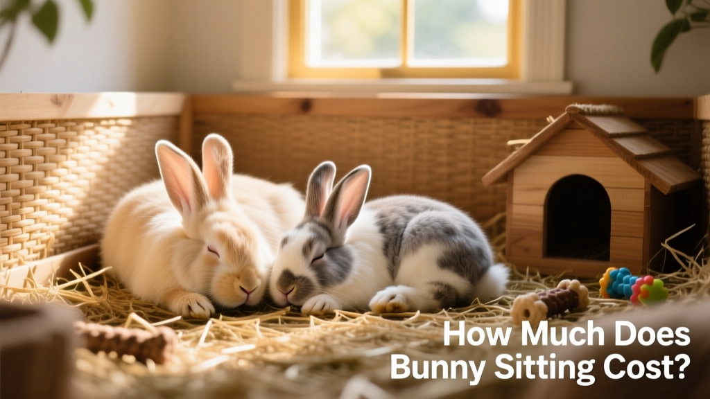 Two bunnies napping side-by-side in a sunlit corner of their home enclosure