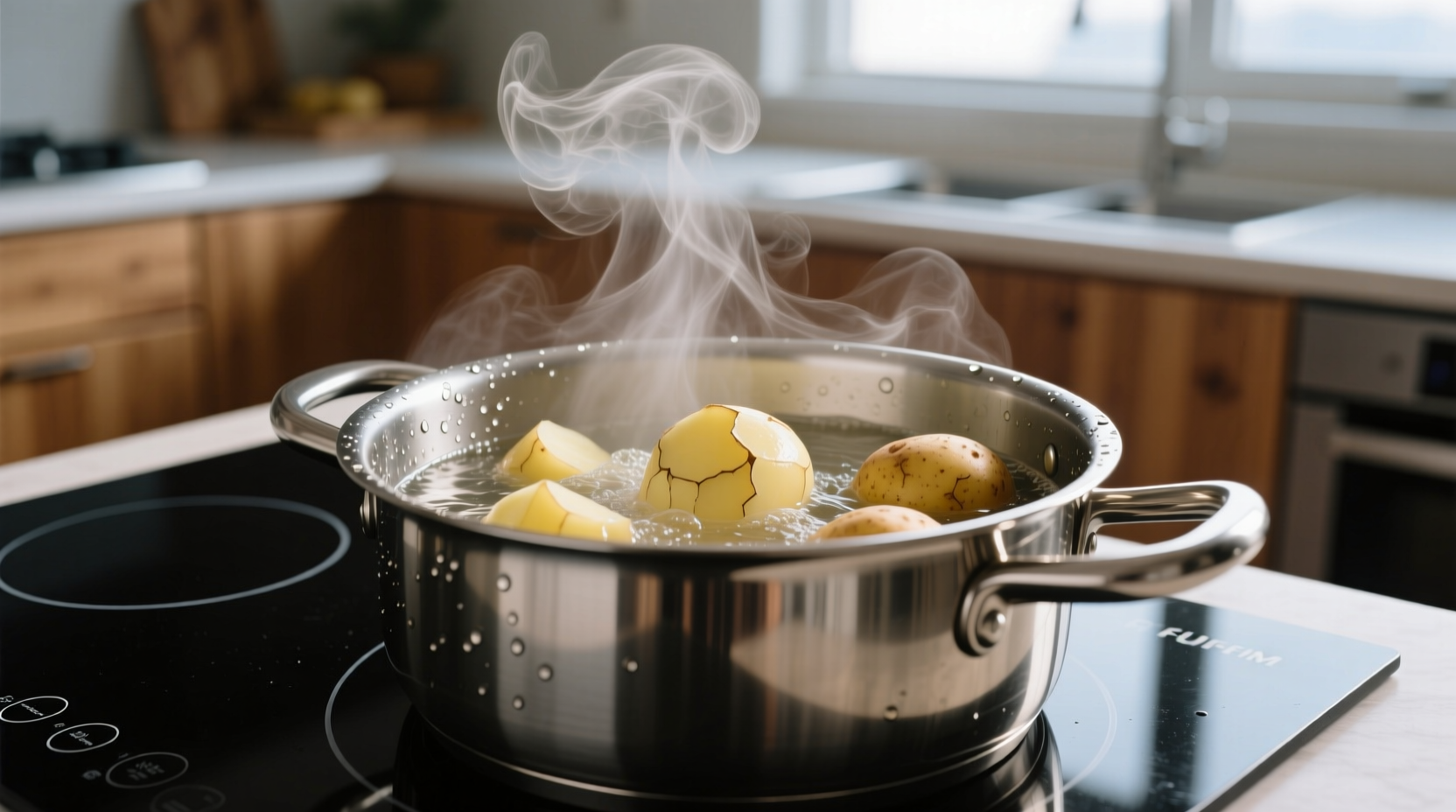Potatoes boiling in a stainless steel pot with steam rising