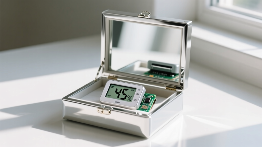 Digital hygrometer inside an open mirrored jewelry box, displaying 45 percent humidity to prevent glass silvering degradation.