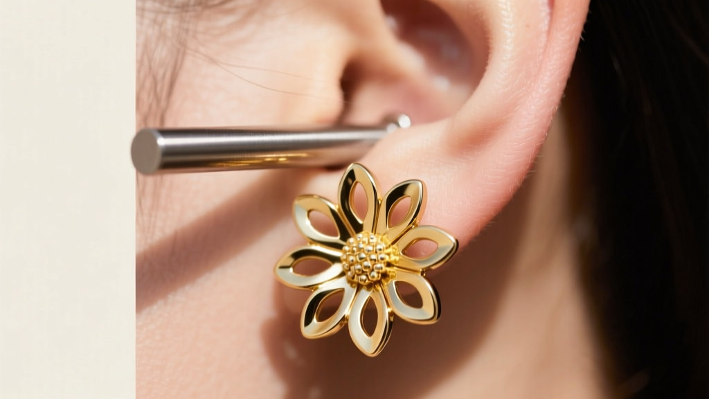 Side view of a thick titanium post holding a large hollow-form gold daisy earring securely against the earlobe in bright daylight