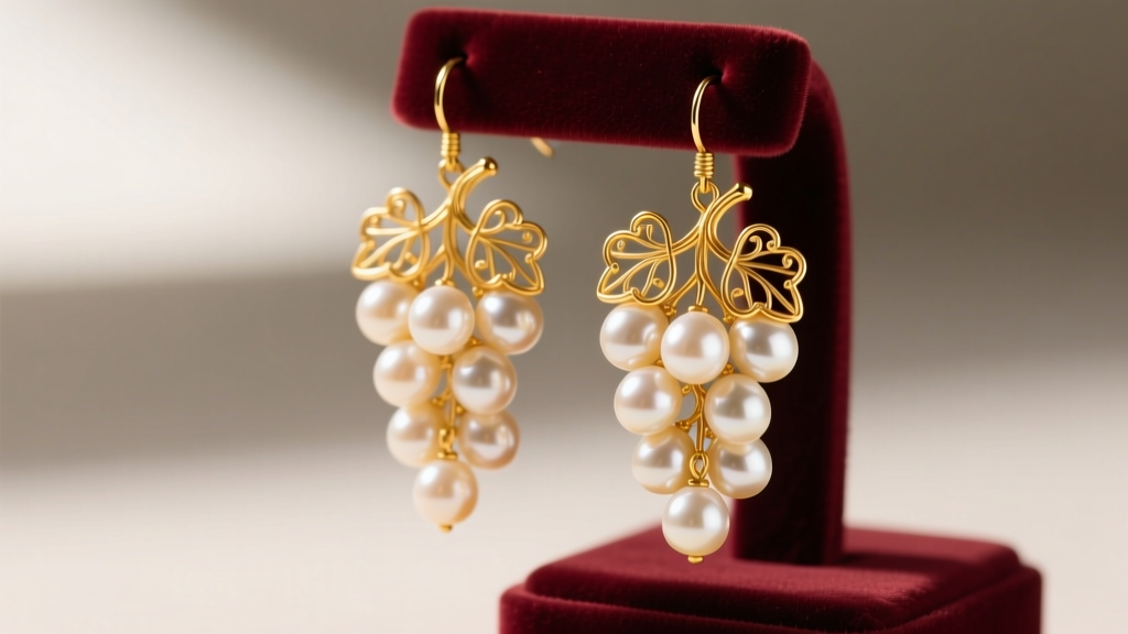 Close-up of 14k yellow gold wire-wrapped pearl grape cluster earrings dangling from a velvet display stand, soft studio lighting
