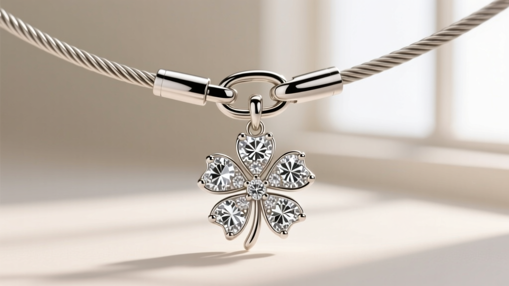 Detailed view of a 1.2mm cable chain attached to a secure lobster clasp on a delicate four leaf clover diamond pendant.