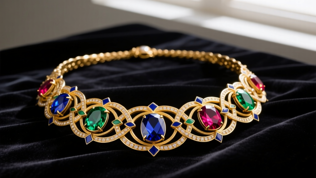 Museum-quality Necklace of Harmonia replica with intricate gold filigree, vitreous enamel, and cabochon garnets on dark velvet.