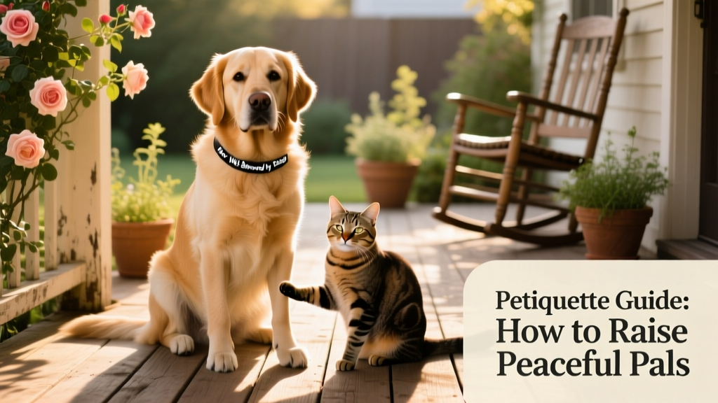 A calm, leashed dog and friendly cat sitting side-by-side on a sunlit porch, illustrating harmonious coexistence