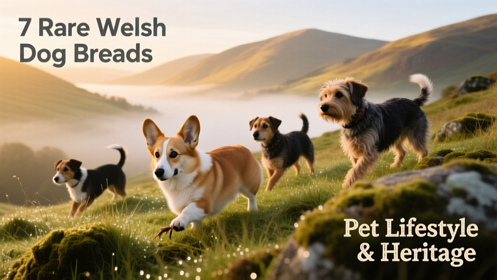 A group of traditional Welsh working dogs outdoors on grassy hills with misty mountains in the background