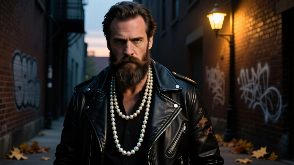 Rugged bearded man wearing a long strand of chunky baroque freshwater pearls over a leather biker jacket in moody lighting