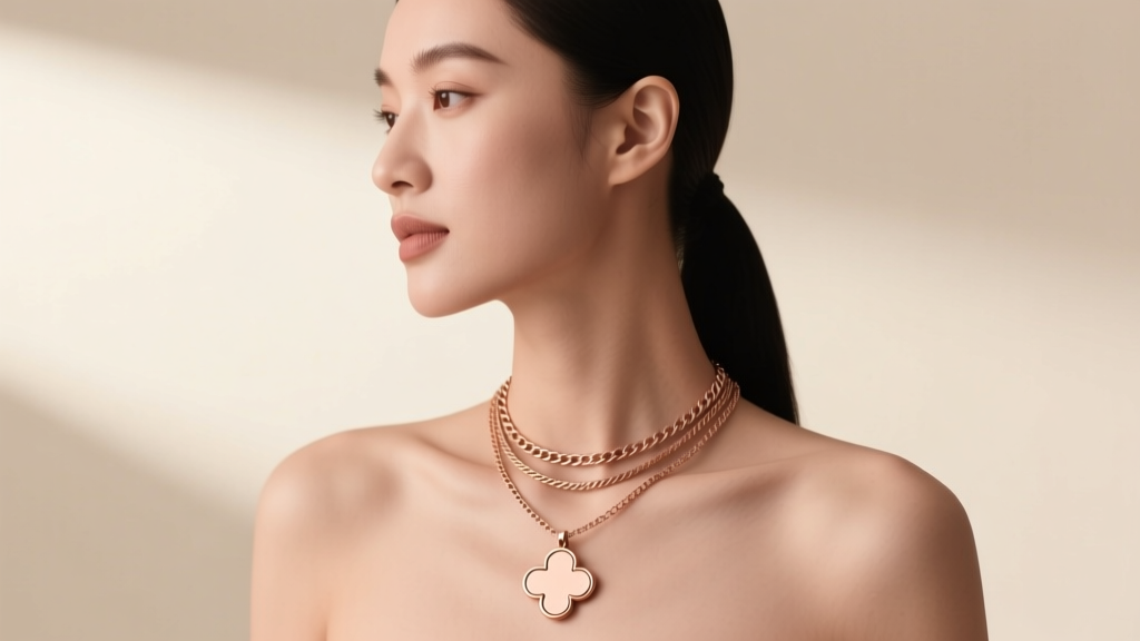 Woman wearing a layered 14k rose gold quatrefoil necklace on a 16-inch box chain paired with a delicate 18-inch rope chain.