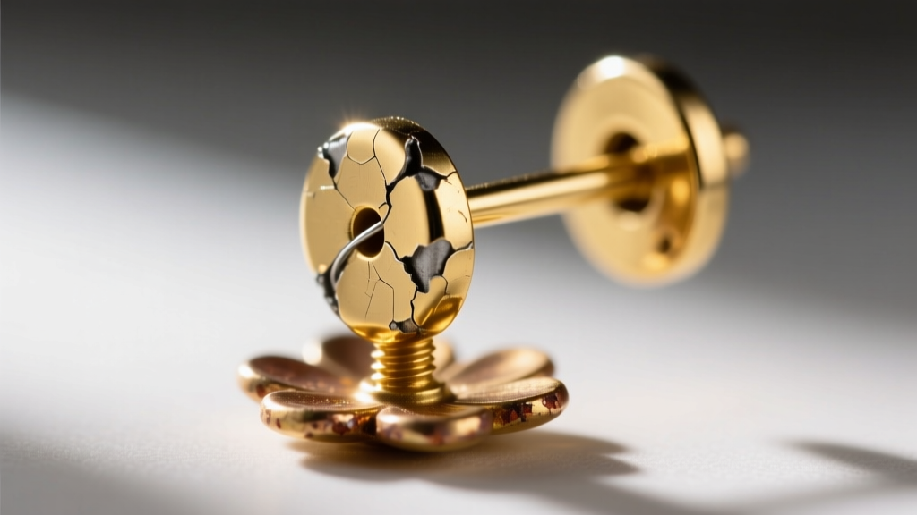Macro shot of an 18-gauge steel earring post with gold PVD plating peeling at the solder joint near a brass flower base