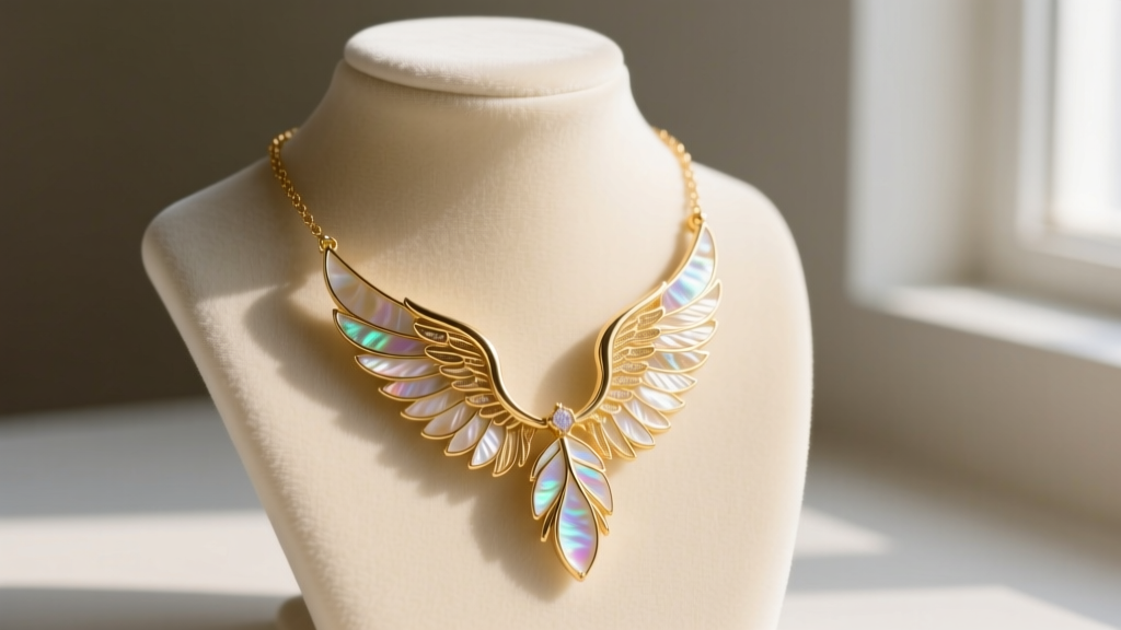 18k gold angel wing necklace with inlaid mother of pearl feathers, displayed on a cream velvet jewelry bust in soft daylight.