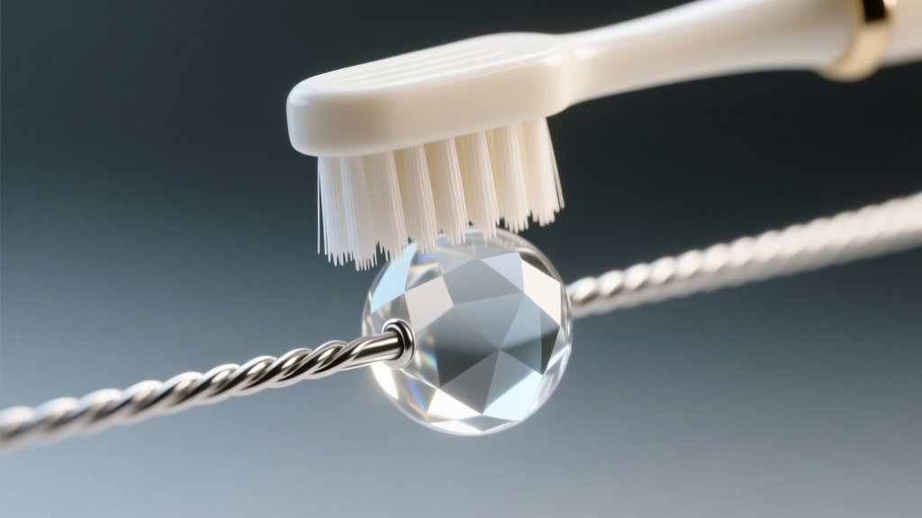 Macro shot of a soft toothbrush gently cleaning a clear quartz glass bead strung on a nylon-coated stainless steel beading wire.