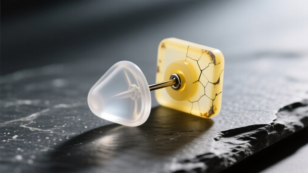 Close-up of a new clear silicone earring stopper next to a brittle, yellowed PVC plastic back resting on a dark slate surface.