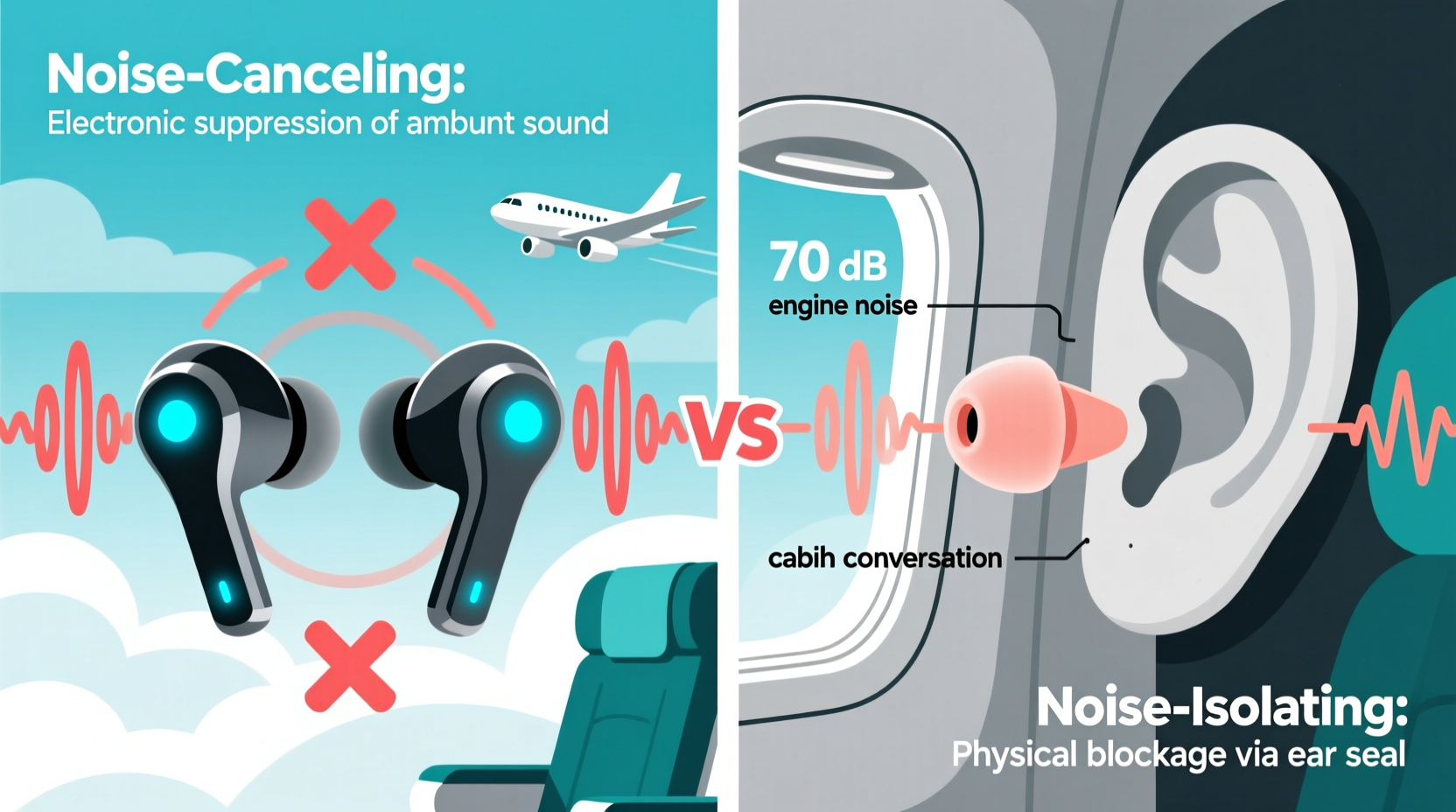 noise cancelling vs noise isolating earbuds for planes what is the difference