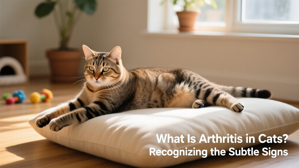 Senior cat gently stretching on a soft cushioned surface, showing relaxed posture but subtle stiffness in hind legs