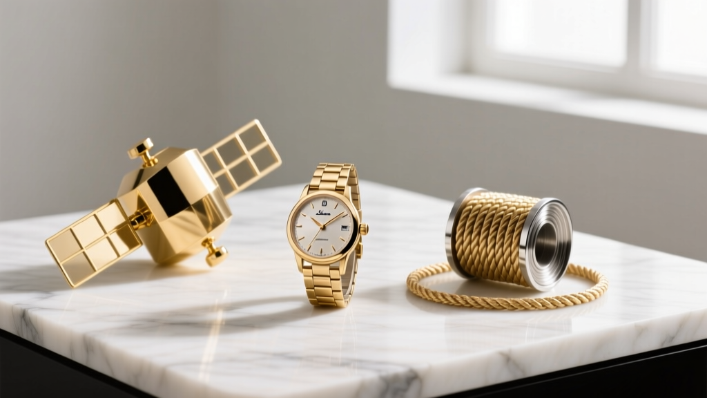 Gold satellite, figaro, and rope chain spools resting on a white marble surface under soft, diffused natural light.