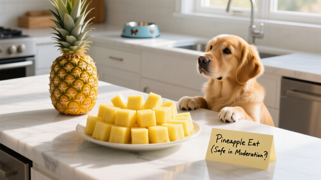 A golden-yellow fresh pineapple sliced into bite-sized chunks on a clean kitchen counter