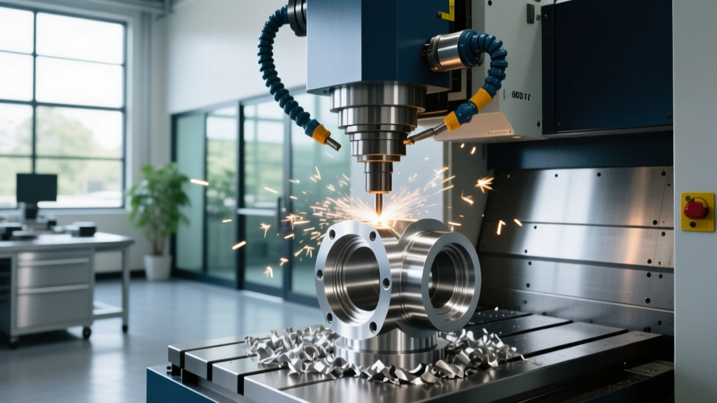 Five-axis CNC milling machine cutting a 6061-T6 aluminum aerospace valve prototype in a Savannah machine shop facility