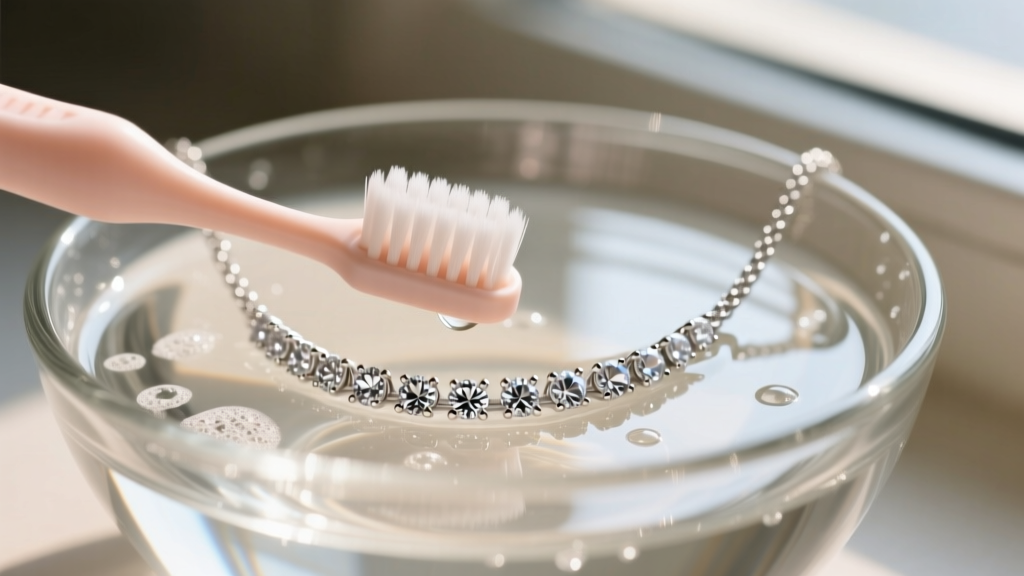 Soft baby toothbrush gently scrubbing pave diamonds on a platinum lariat necklace submerged in a glass bowl of warm soapy water.