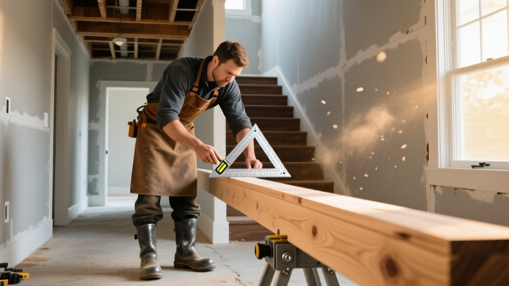 Carpenter measuring a straight-run wooden staircase stringer with a speed square in a bright, unfinished residential hallway.