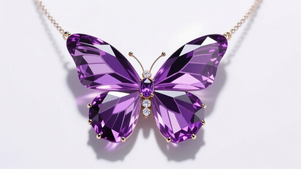 Close-up of a faceted amethyst purple butterfly necklace showing deep violet color zoning under bright, direct studio lighting.