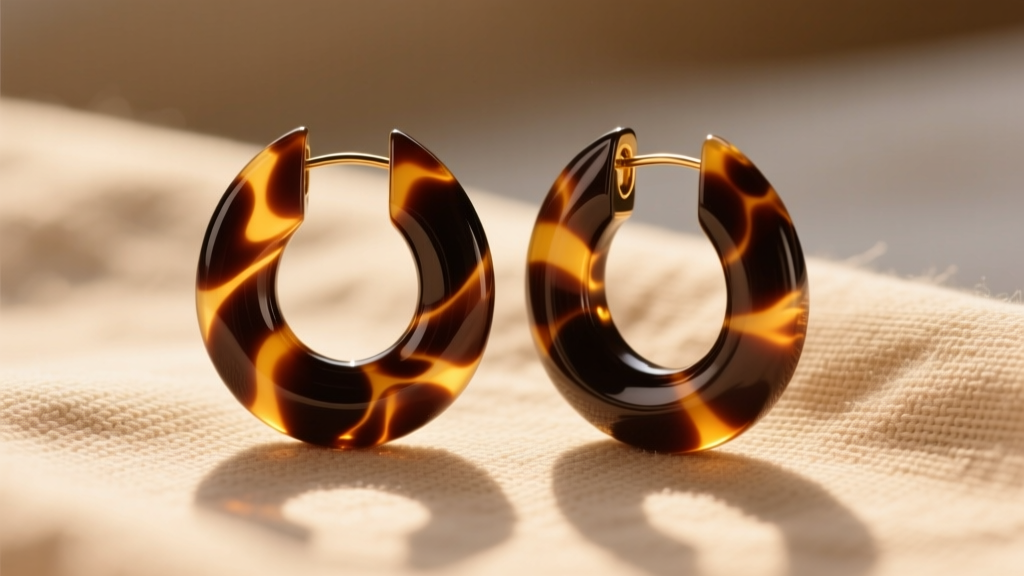 Thick acetate tortoise shell hoops on beige linen, warm sunlight highlighting rich amber and dark brown marbling patterns.