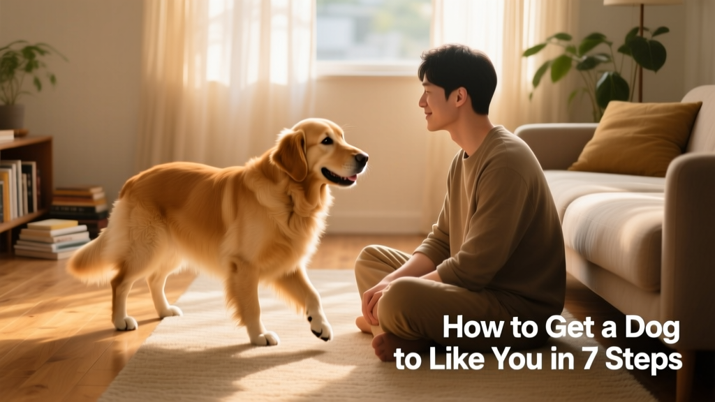 A calm, friendly dog approaching a person seated on the floor with relaxed posture