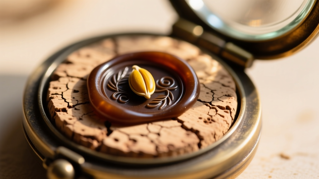 Macro photo of the cork and wax seal on an 1890s mustard seed locket, highlighting age cracks and darkened wax on the glass rim.