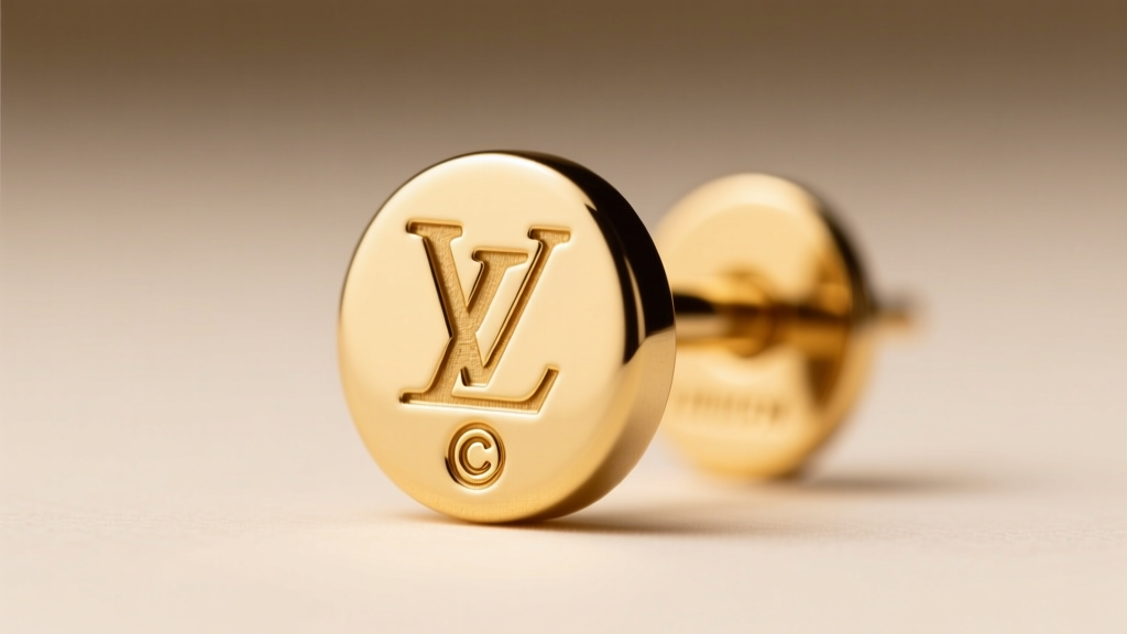 Extreme macro shot of a Louis Vuitton hallmark stamp on a gold-tone earring post, highlighting the crisp font and copyright symbol