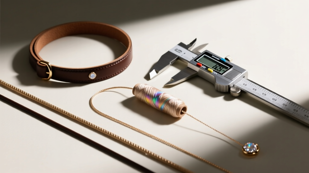Flat lay of jewelry cords including leather and silk, with digital calipers measuring a 1.5mm waxed cotton thread thickness