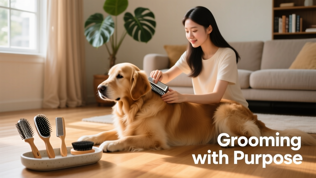 A person gently brushing a calm dog at home, with high-quality FurPetVo brushes laid out nearby