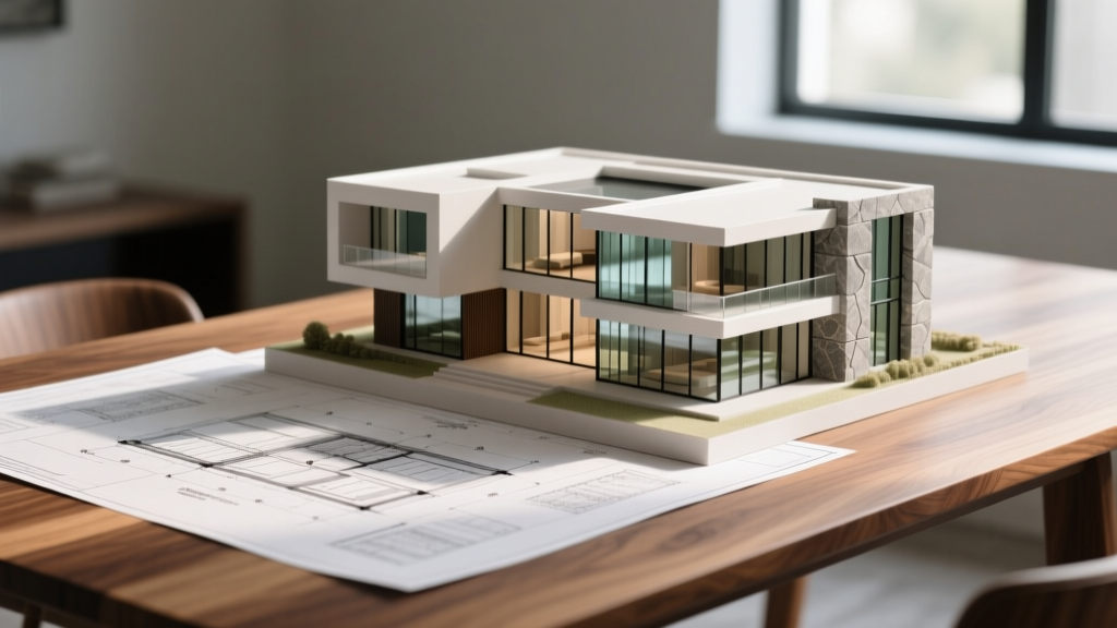 Blueprints on an oak table next to a 3D scale model of a 5000 sq ft modern luxury estate with floor-to-ceiling glass and stone accents.