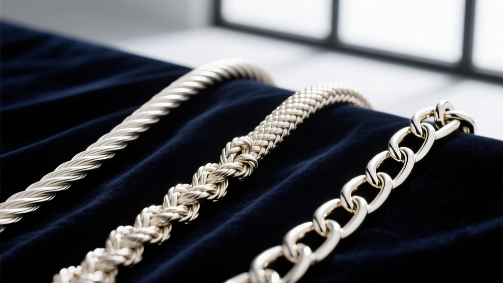 Macro comparison of thin cable, rope, and snake chains in white gold, showing link structures against a dark velvet background.