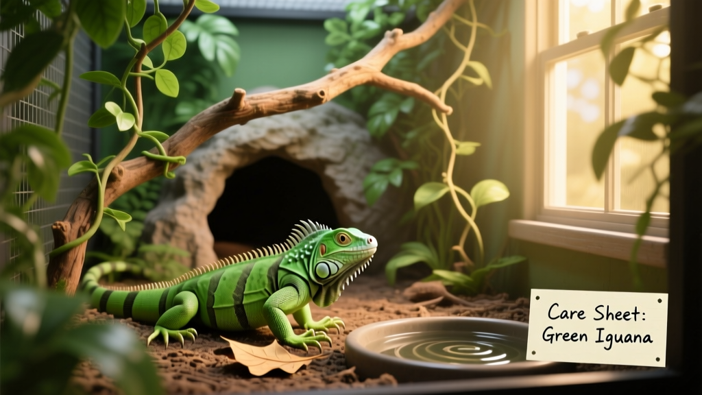A spacious, vertically oriented green iguana enclosure with climbing branches, a hideout cave, and lush artificial foliage