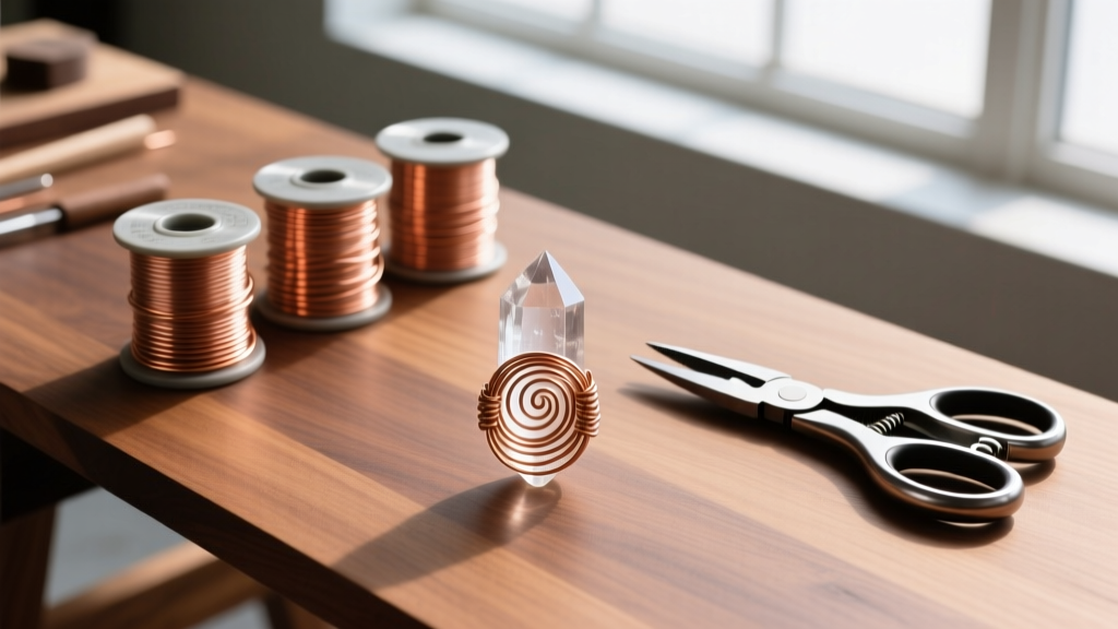 Overhead view of a workbench with 20-gauge copper wire spools, flush cutters, and a finished wire-wrapped quartz crystal pendant.