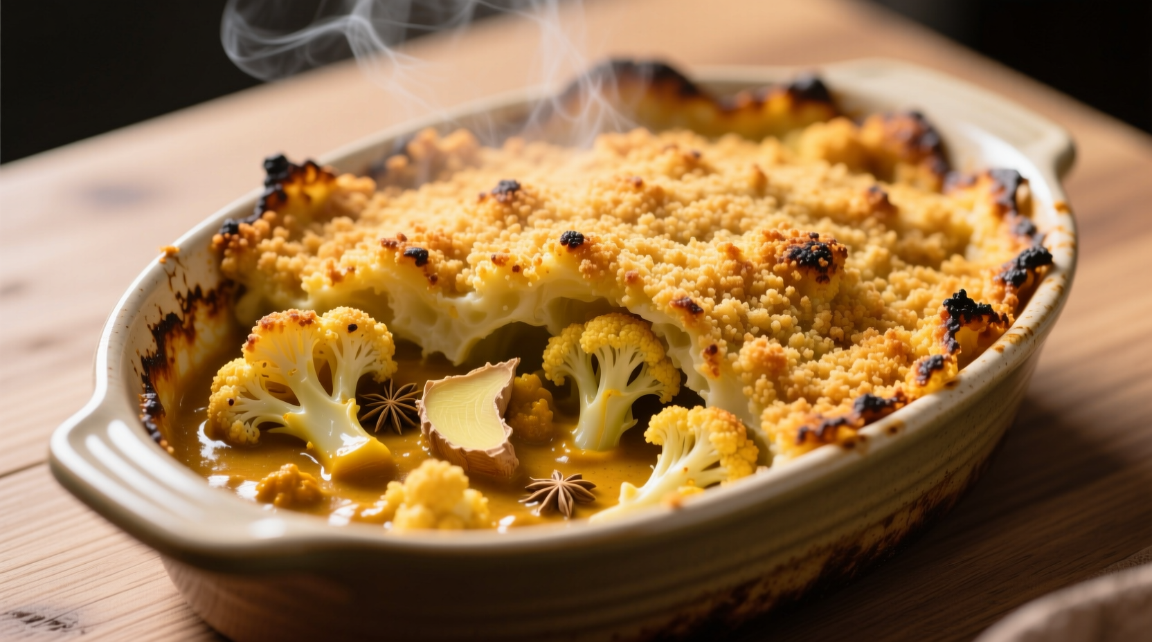Golden cauliflower curry bake with crispy breadcrumb topping