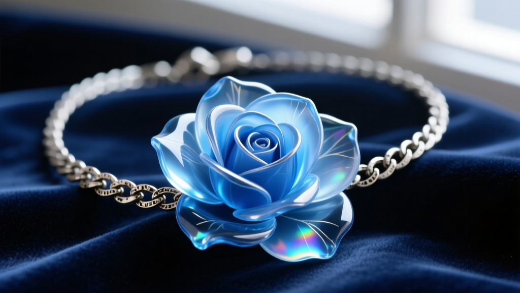 Close-up of a blue rose necklace with translucent blue resin petals and an oxidized silver chain resting on dark velvet fabric.