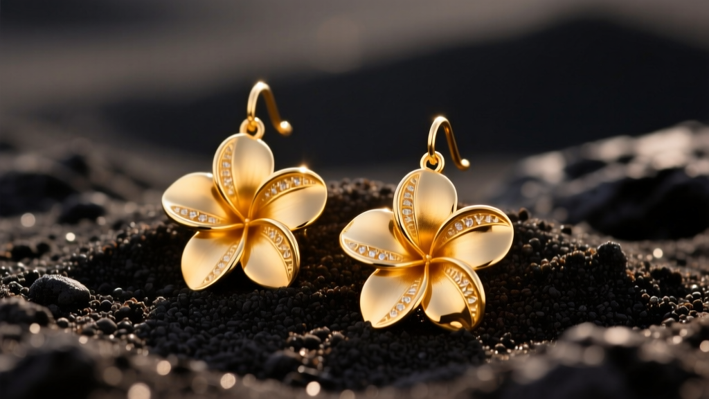 Close-up of 14k gold Hawaiian plumeria flower dangle earrings resting on dark volcanic sand under soft, warm natural sunlight