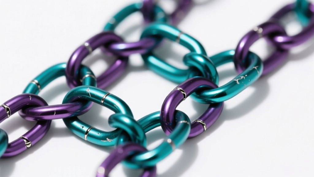 Macro shot of anodized niobium jump rings in teal and purple, woven into a European 4-in-1 chainmaille pattern on a white surface.