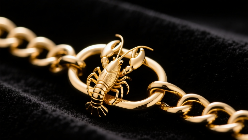 Macro shot of a 14k gold lobster clasp and soldered jump ring on a thick curb chain, photographed against a dark velvet backdrop.