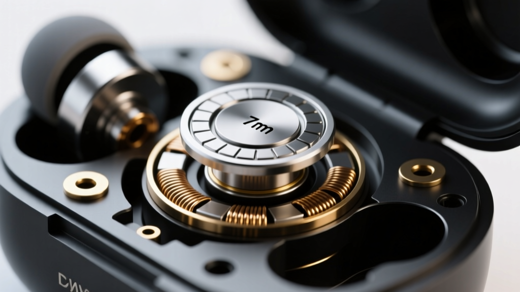 Macro shot of a 7mm dynamic audio driver inside a disassembled premium earbud, highlighting audiophile-grade acoustic engineering details.