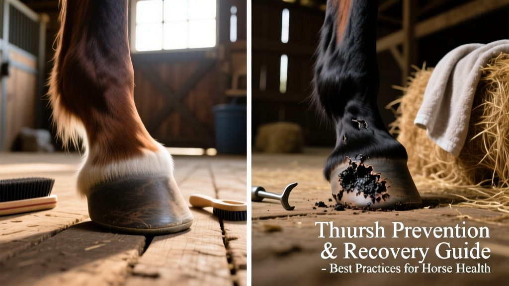 Side-by-side comparison: healthy hoof frog vs. thrush-affected frog showing black discharge and sulcus erosion