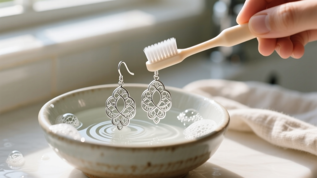 Hands gently brushing a delicate silver filigree earring with a soft baby toothbrush and mild soapy water in a small ceramic bowl
