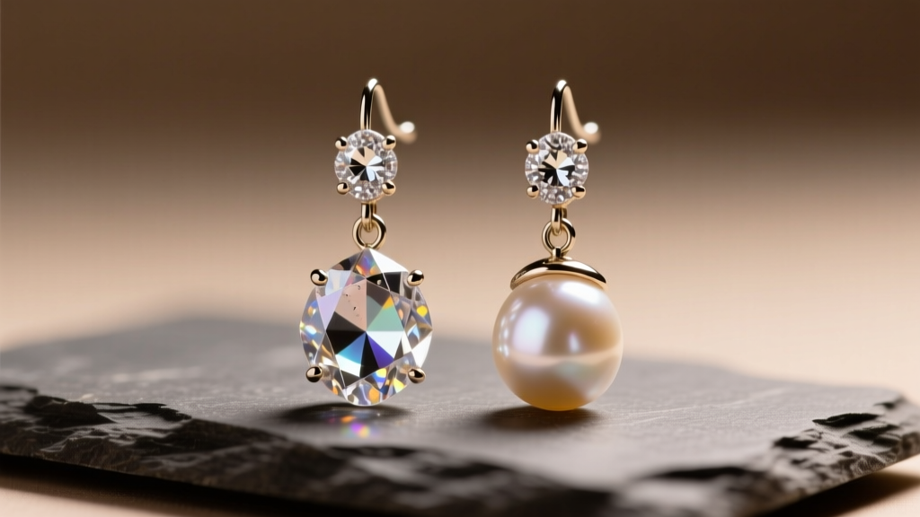 Macro of crystal and pearl drop earrings on slate, showing bright facets and smooth pearl luster under soft, warm studio lighting.