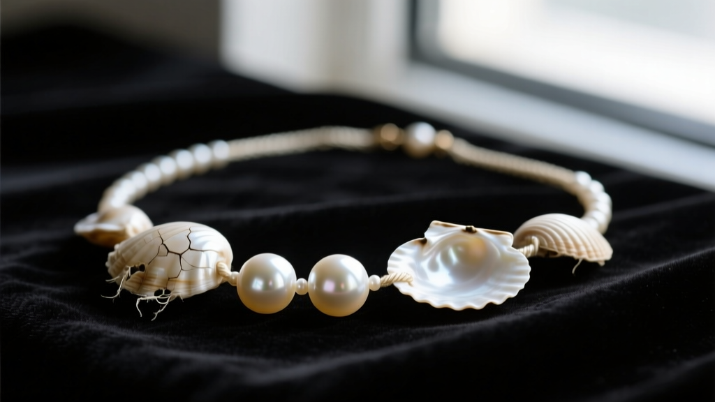 Macro shot of a damaged freshwater pearl and shell necklace showing dull spots and frayed silk thread resting on dark velvet cloth