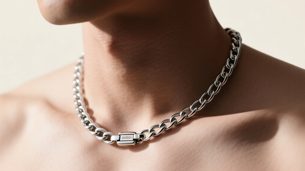 Macro shot of 3mm 925 sterling silver figaro 18 in necklace on man showing rhodium plating and a secure lobster clasp detail