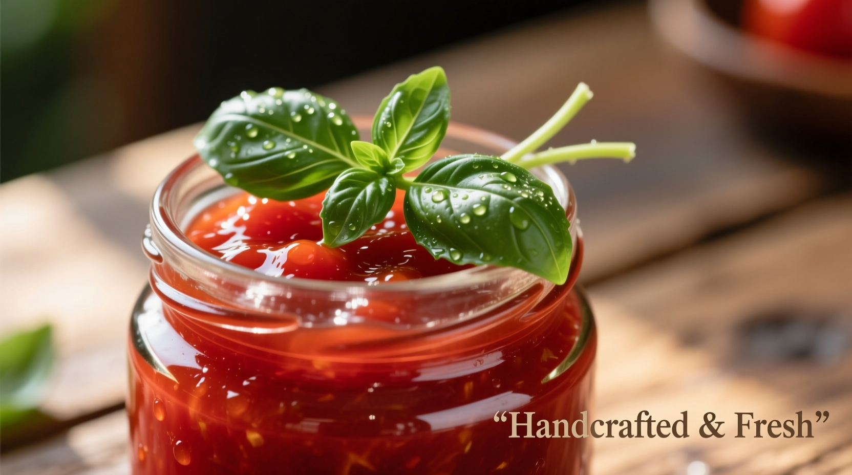 Vibrant red tomato jam in glass jar with fresh basil garnish