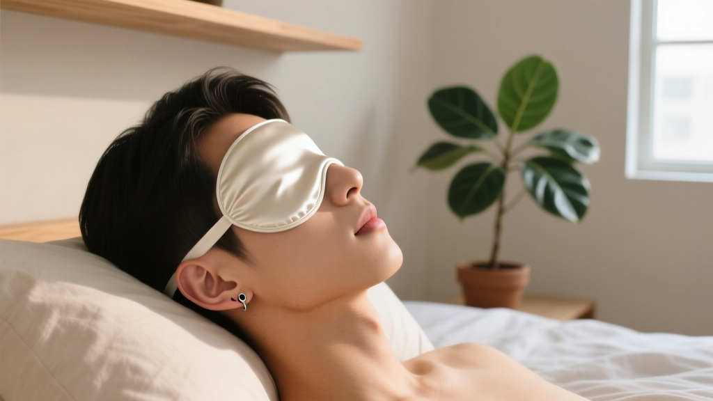 Side profile of a person wearing a contoured silk sleep mask, protecting a healing cartilage ear from friction while resting